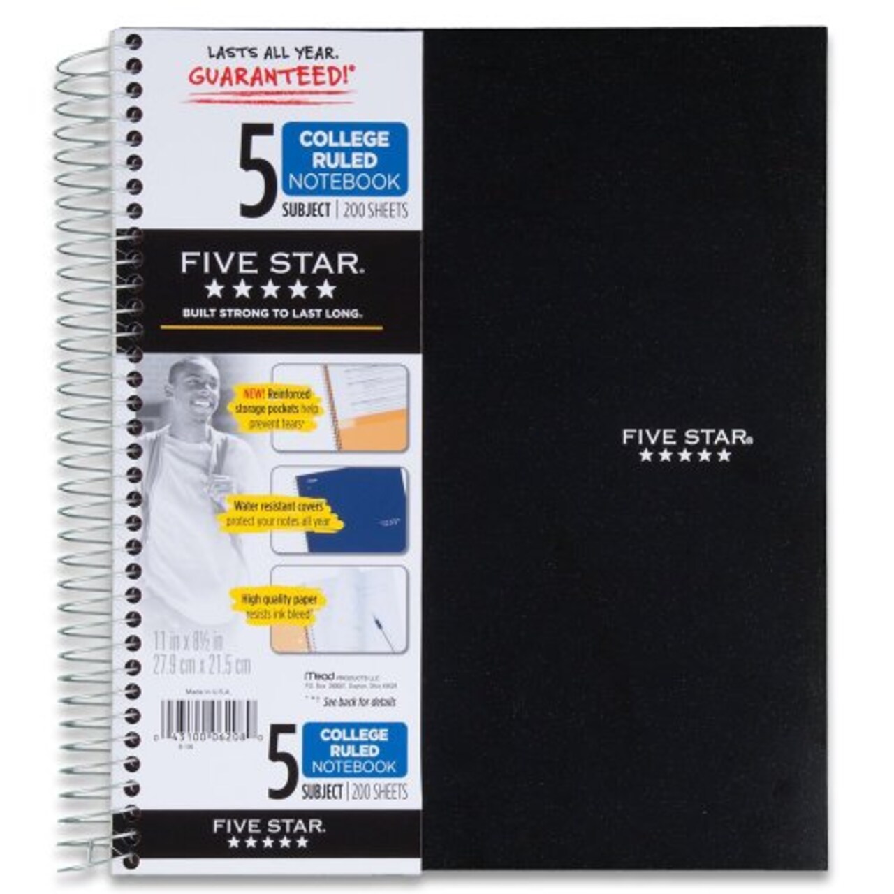 Spiral Notebook with Study App 5-Subject College Ruled Paper Fights Ink Bleed Water-Resistant Cover 8-1/2" x 11" 200 Sheets Black